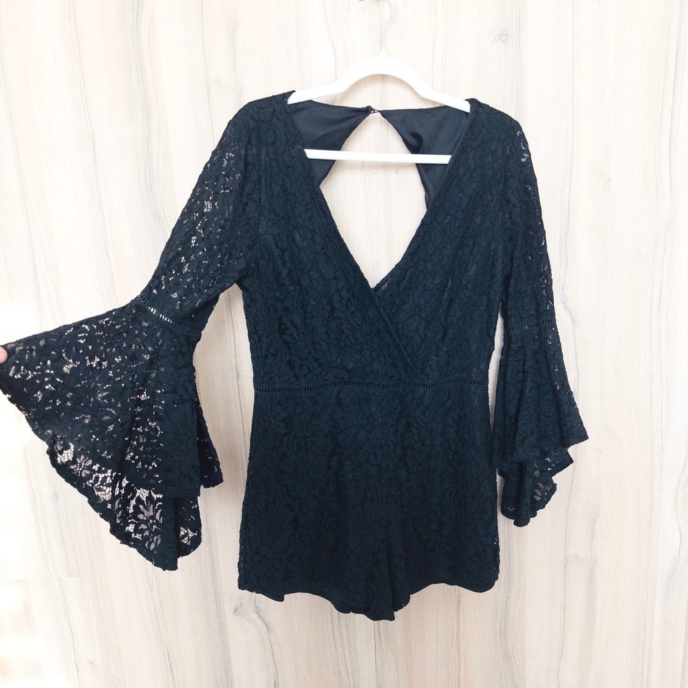 Lulus Womens Lace Romper Size XL Black Bell Sleeve Open Back Whimsigoth Witchy